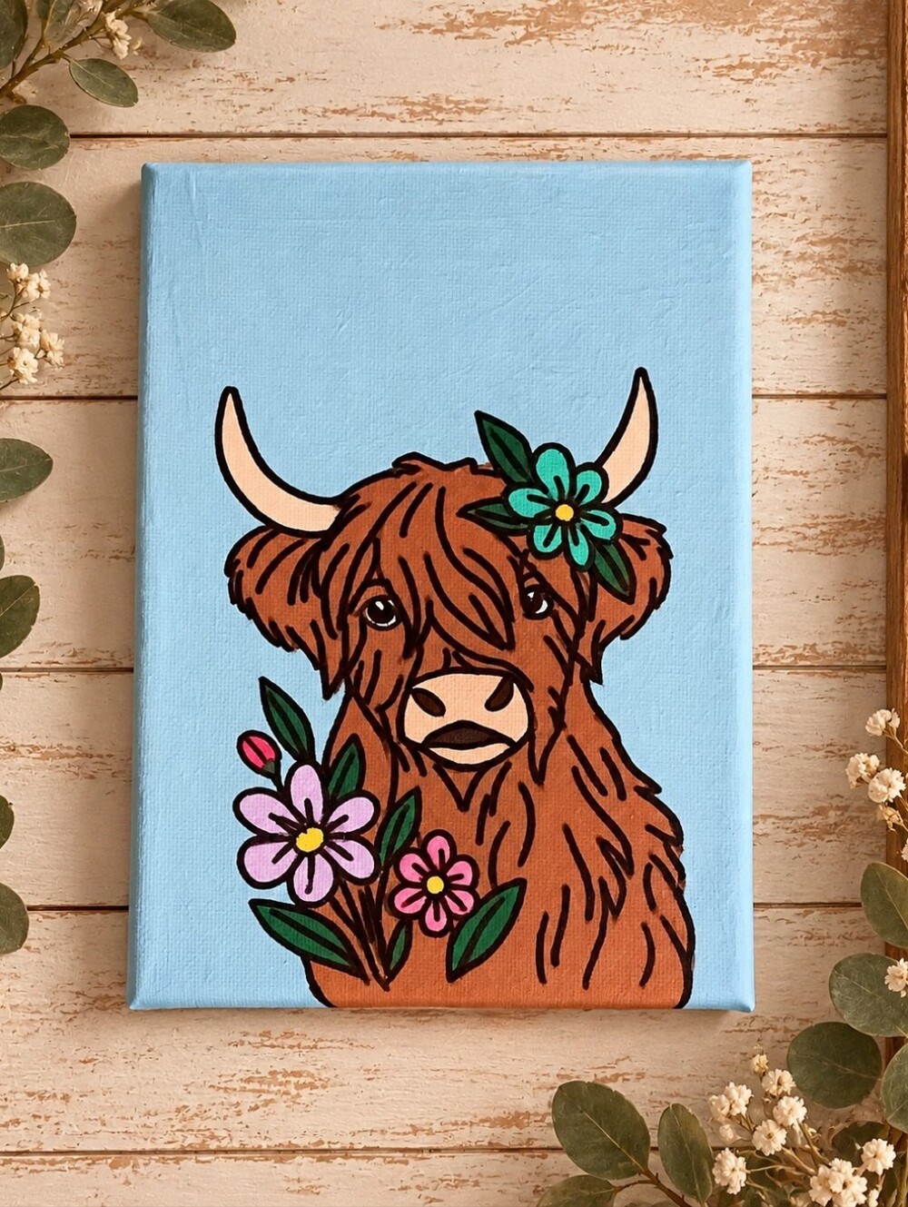 Original Highland Cow Acrylic Canvas Painting 5x7 Fluffy Cow Floral Nursery Art